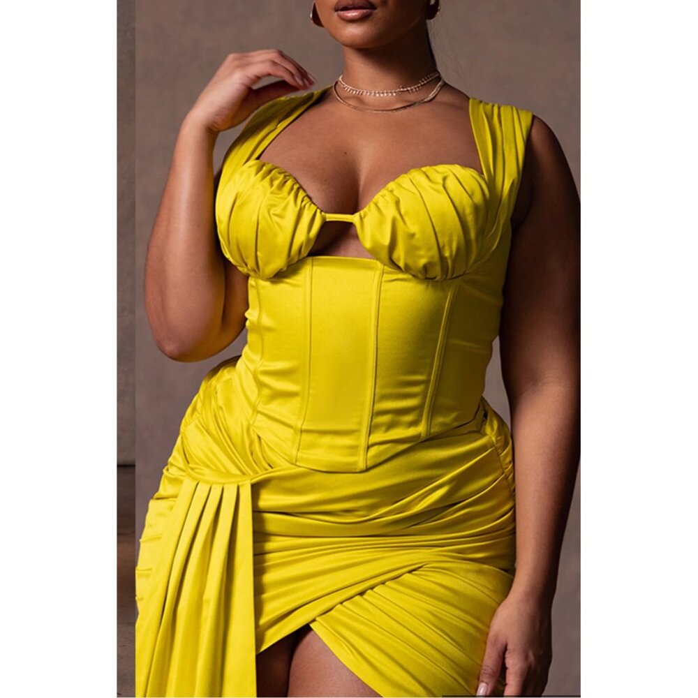 PrettyLittleThing Chartreuse Contrsucted Satin Ruched Drape Bodycon Skirt US 22 - Picture 11 of 12